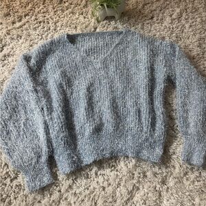 Blue fuzzy crop top belly shirt, fashion, sweater with a relaxed fit